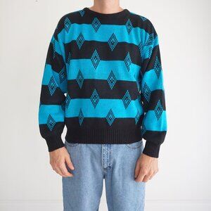 Vintage Oak Tree Knit Sweater Black Blue Diamond Pattern Retro Y2K Street Medium